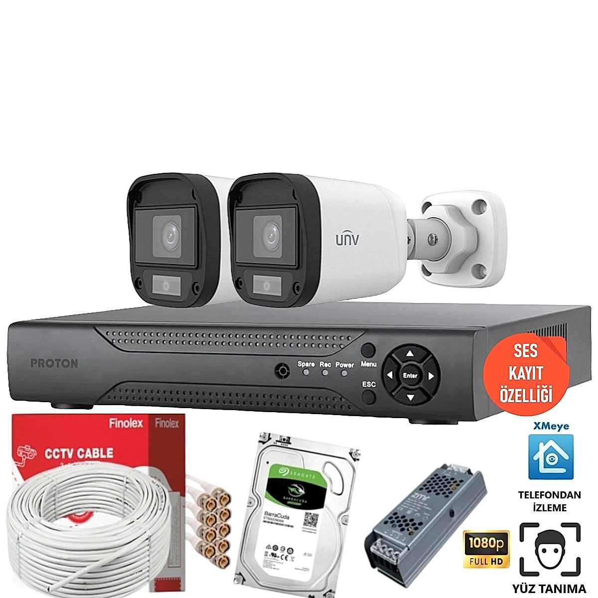 UNV 2 Kameralı Mikrofonlu Ses Kayıtlı Güvenlik Kamerası Seti UNV 2 Kameralı Mikrofonlu Ses Kayıtlı Güvenlik Kamerası Seti